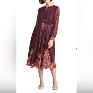 Vineyard Vines Burgundy Polkadot With Paisley Pleated Contrast Print Dress